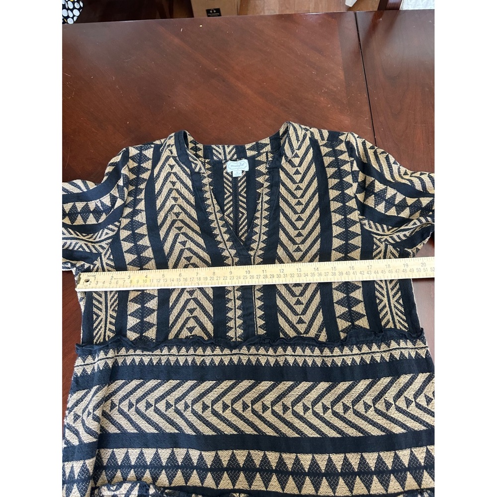 Mud Pie Black Tan Geometric Tribal Print Tier Midi Dress Small Boho Bell Sleeve - Picture 3 of 7